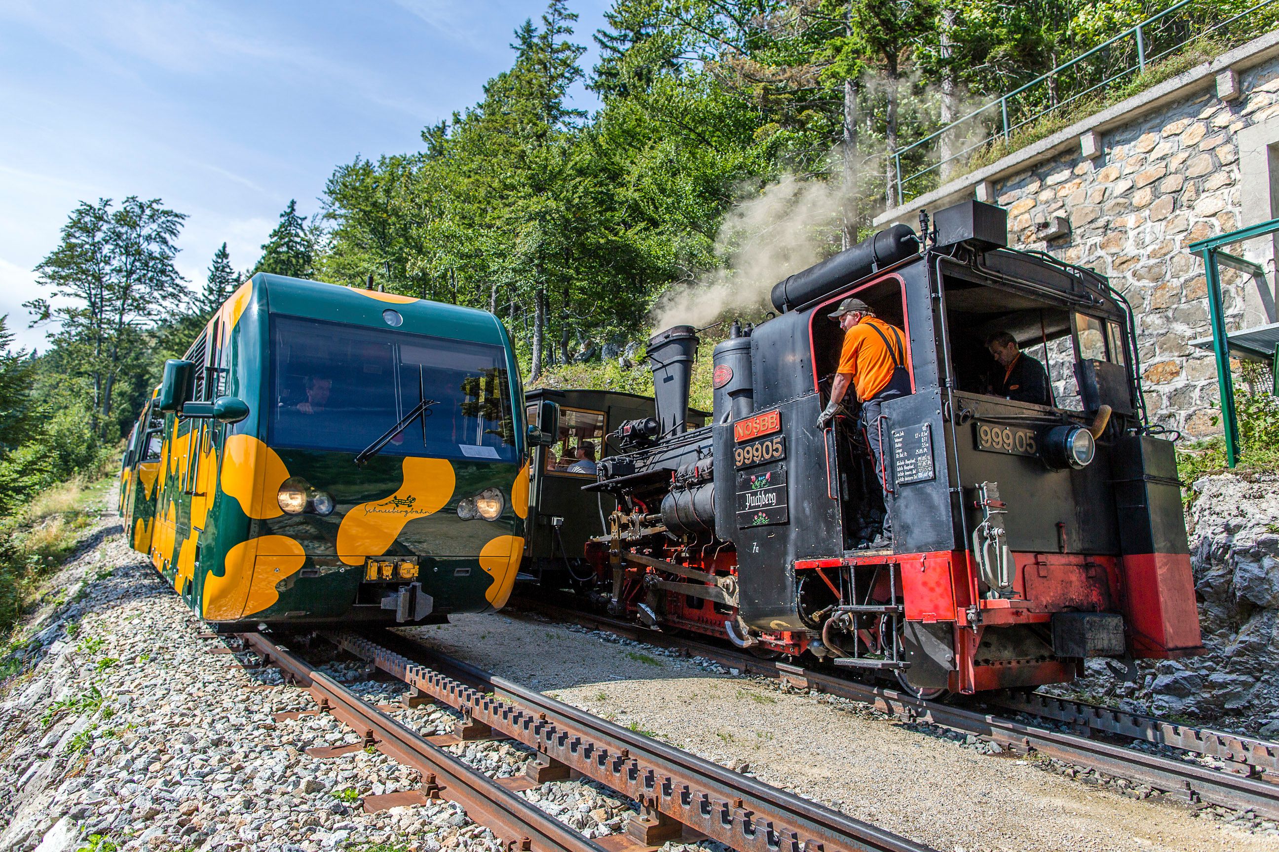 Salamander train and steam locomotive meet on a double-track line in a forest landscape.