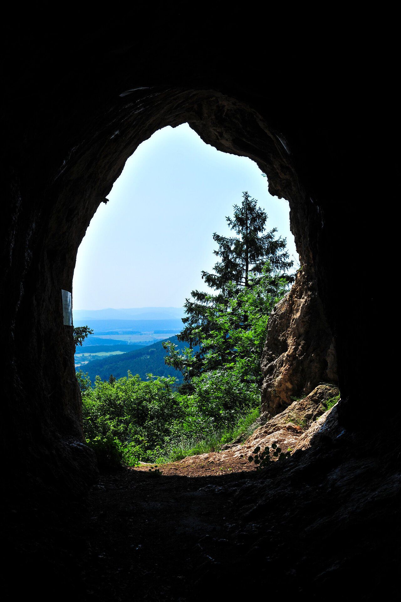 Durch den schmalen Eingang der Höhle eröffnet sich ein atemberaubender Blick auf die sanften Hügel und dichten Wälder des Naturparks. Die frische, klare Luft und das sanfte Licht schaffen eine friedliche Atmosphäre, die zum Verweilen einlädt. Hier, wo die Natur in voller Pracht erstrahlt, spürt man die Ruhe und Schönheit der Umgebung.