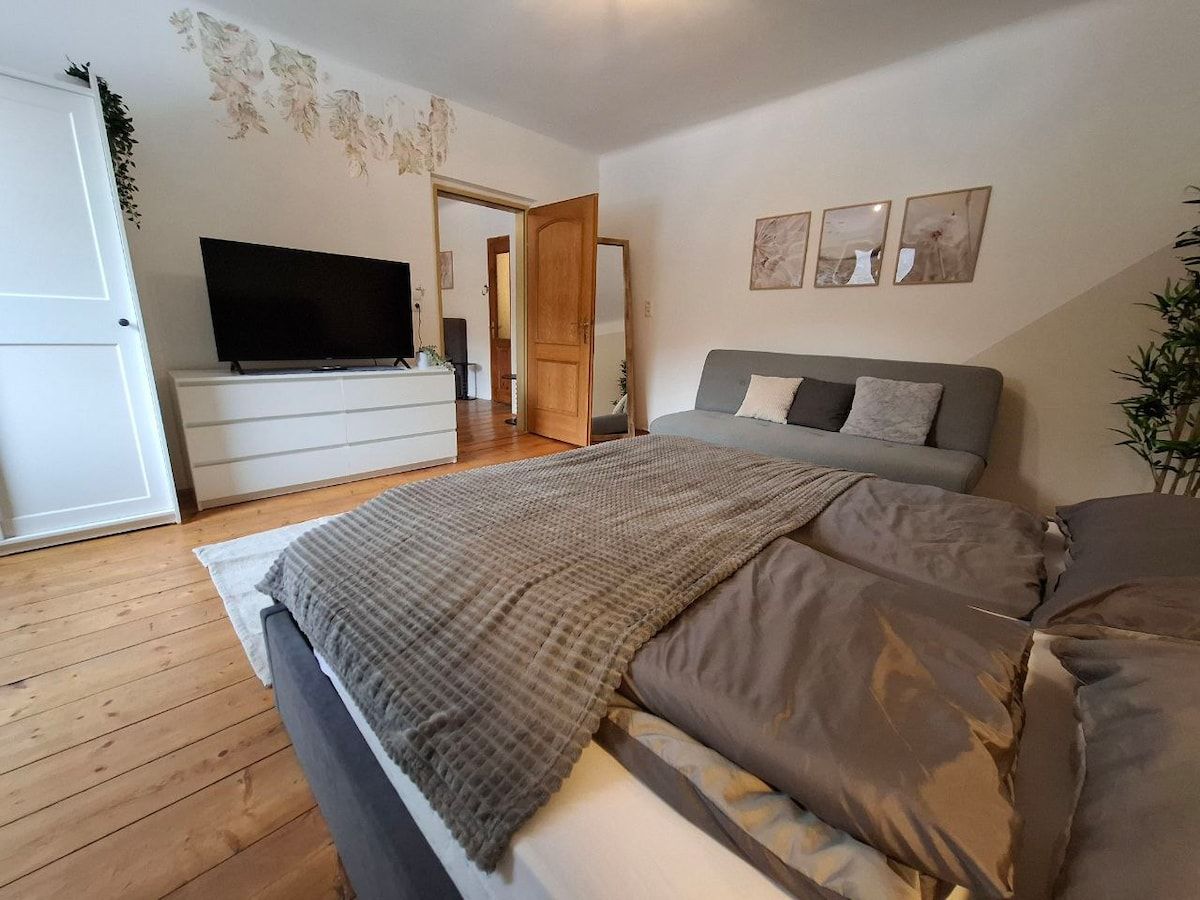 Gemütliches Schlafzimmer mit Doppelbett, grauem Sofa, Fernseher auf Kommode und Holzboden.