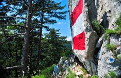 Die majestätischen Felsen erstrahlen in den Farben der Natur, während die Bäume sanft im Sommerwind wiegen. Ein Ort, der zum Verweilen einlädt und die Seele mit seiner unberührten Schönheit erfüllt.